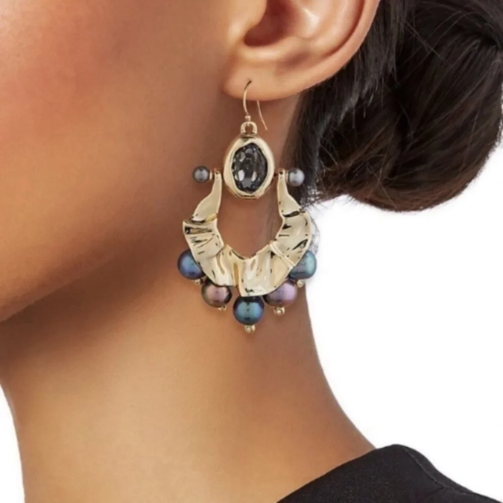 ALEXIS BITTAR • New Pearl Studded Crumpled Swinging Byzantine Drop Earrings - Picture 2 of 16